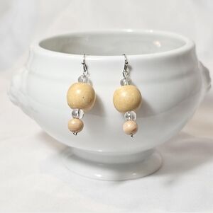 Beaded Wooden Drop Earrings: Natural Light Brown Wood, Minimalist Boho Style
